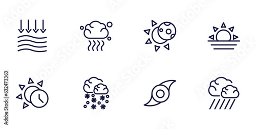 set of weather thin line icons. weather outline icons such as atmospheric pressure, smog, sunrise, daytime, snow storms, tropical storm, downpour vector. © Abstract