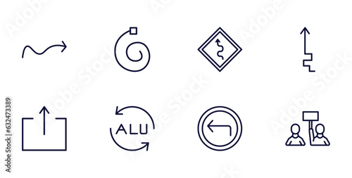 set of user interface thin line icons. user interface outline icons such as sketched arrow, spiral tool, arrow heading up, export button, alu, arrow address back, industrial action vector.