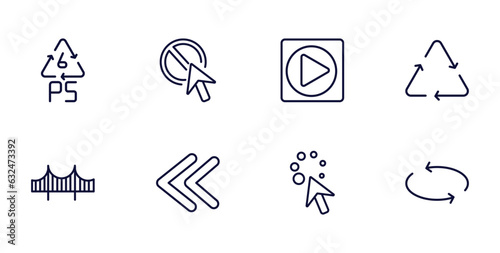 set of user interface thin line icons. user interface outline icons such as 6 ps, forbidden cursor, recycle, bridge, two left arrows, wait cursor, replay arrows vector.