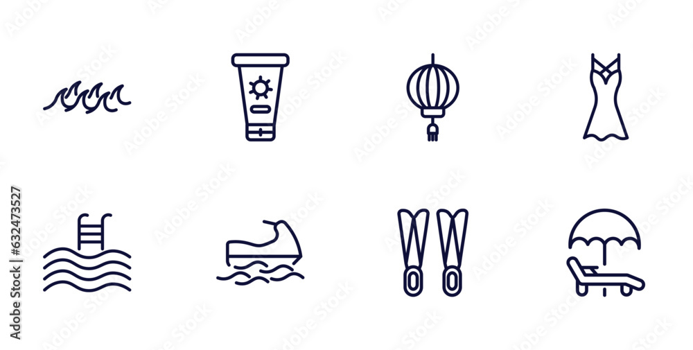 set of summer thin line icons. summer outline icons such as ocean, sunscreen, dress, swimming pool, sea scooter, flippers, sunbed vector. set of summer thin line icons. summer outline icons such as ocean, sunscreen, dress, swimming pool, sea scooter, flippers, sunbed vector.