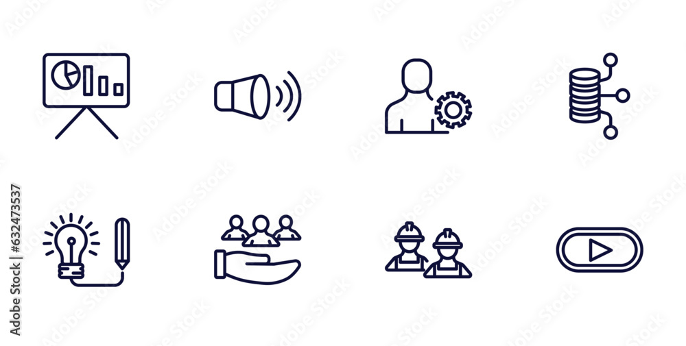 set of strategy thin line icons. strategy outline icons such as presentation, speaker, data, creative, customer, workers, start vector.