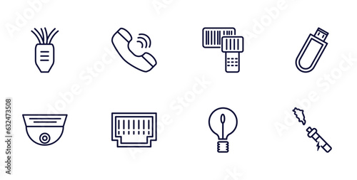 set of technology thin line icons. technology outline icons such as tinsel, telephone receiver, inclined pendrive, security cam, telephone connector, big light bulb, electronic cigarette vector.