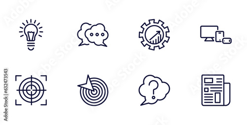 set of strategy thin line icons. strategy outline icons such as creativity, speech, responsive, focus, goal, question, newspaper vector.