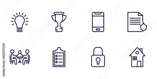 set of strategy thin line icons. strategy outline icons such as idea, trophy, policy, meeting, list, padlock, house vector.