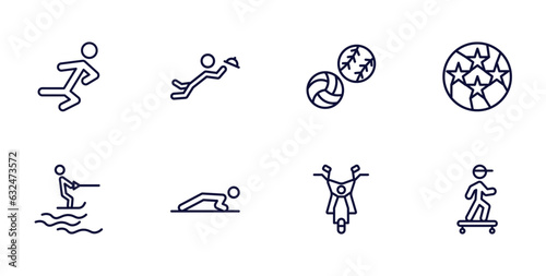 set of sport and games thin line icons. sport and games outline icons such as wushu, waiter falling, soccer football ball, jet surfing, man doing pushups, motor sports, boy with skatingboard vector.