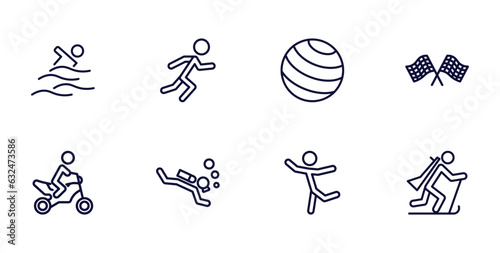 set of sport and games thin line icons. sport and games outline icons such as swimming figure, man sprinting, chequered flag, motorbike riding, scuba diving, dancer motion, biathlon vector.