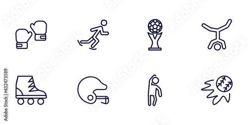 set of sport and games thin line icons. sport and games outline icons such as two boxing gloves, ice skating man, capoeira, roller skate, baseball helmet, left bend, home run vector.