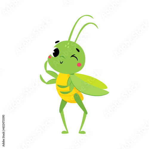 Cute Green Grasshopper Character Winking Vector Illustration