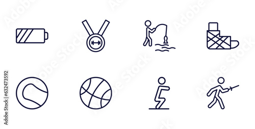 set of sport and games thin line icons. sport and games outline icons such as batter, weight lifting medal, sprained ankle, tennis sport ball, basketball basket, squat, medieval fencing vector.