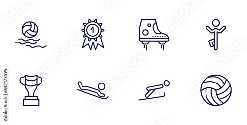 set of sport and games thin line icons. sport and games outline icons such as waterpolo, golden medal, yoga posture, brazilian, snow slide zone, jumping ski, volleyball ball vector.