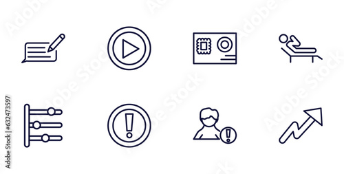 set of social media marketing thin line icons. social media marketing outline icons such as feedback, video player, recreational, timeline, importance, user warning, trending vector.