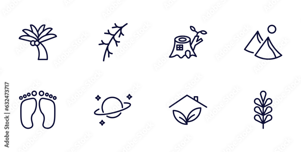 Fototapeta premium set of nature thin line icons. nature outline icons such as coconut tree standing, larch leaf, dune, four toe footprint, planet with satellite, indoor, pecan leaf vector.