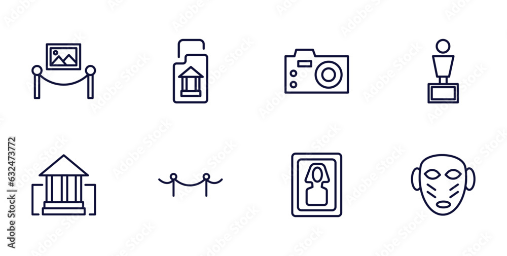 set of museum and exhibition thin line icons. museum and exhibition outline icons such as painting, archivist, bust, buffalo, museum fencing, el greco, african mask vector.