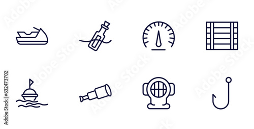 set of nautical thin line icons. nautical outline icons such as facing right, message in a bottle, big crate, buoy, nautical monocular, aqualung, bait vector.