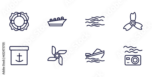 set of nautical thin line icons. nautical outline icons such as life preserver, oil tanker ship, ship engine, sea package, ship engine propeller, speed boat, water resist camera vector.