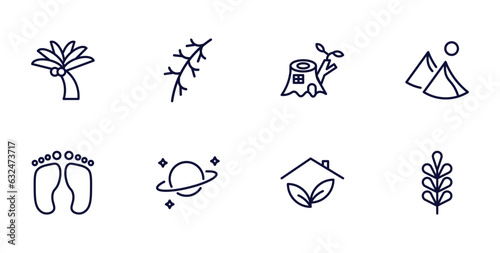 set of nature thin line icons. nature outline icons such as coconut tree standing, larch leaf, dune, four toe footprint, planet with satellite, indoor, pecan leaf vector.