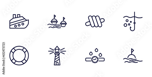 set of nautical thin line icons. nautical outline icons such as cruise ship, buoys, fishing hook, lifesaver, lighthouse, water resist watch, sea flag vector.