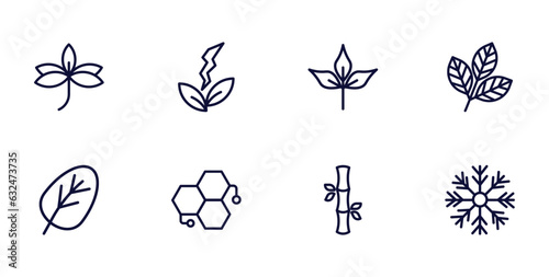 set of nature thin line icons. nature outline icons such as sprig with five leaves, natural energy, rowan leaf, orbicular, chemical structure, bamboo sticks, big snowflake vector.
