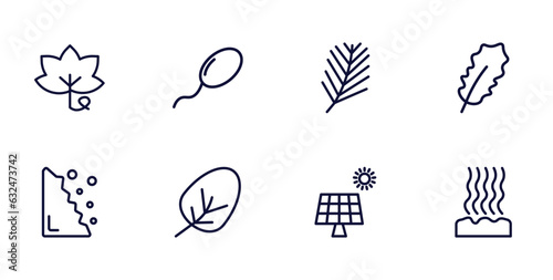 set of nature thin line icons. nature outline icons such as grape leaf, fertilize clinic, pedunculate, falling debris, apricot leaf leaf, solar, fasciculate vector.