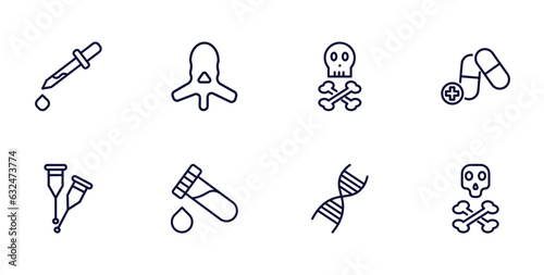 set of medical and healthcare thin line icons. medical and healthcare outline icons such as eye dropper, vertebra, medicine capsules, crutches couple, blood analysis, medical chain of dna, dead