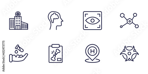 set of medical and healthcare thin line icons. medical and healthcare outline icons such as hospital building front, brain in bald male head, molecular structure, acid falling on hand, x ray of