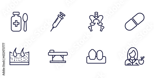 set of medical and healthcare thin line icons. medical and healthcare outline icons such as syrup medicine bottle, syringe with medicine, medical pill, dermis, table of treatments, canine,