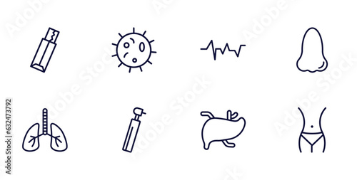 set of medical thin line icons. medical outline icons such as gum, microbe, e, lungs, dental drill, liver, fit vector.