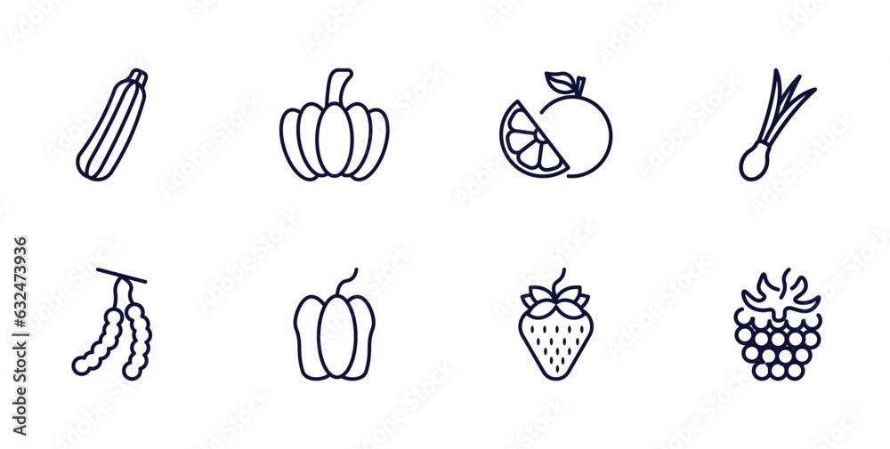 set of vegetables and fruits thin line icons. vegetables and fruits outline icons such as zucchini, pumpkin, spring onion, tamarind, bell pepper, strawberry, blackberry vector. set of vegetables and fruits thin line icons. vegetables and fruits outline icons such as zucchini, pumpkin, spring onion, tamarind, bell pepper, strawberry, blackberry vector.