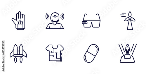 set of automation and high thin line icons. automation and high outline icons such as wired gloves, telekinesis, eolic energy, jetpack, smart clothing, capsule, teleportation vector.