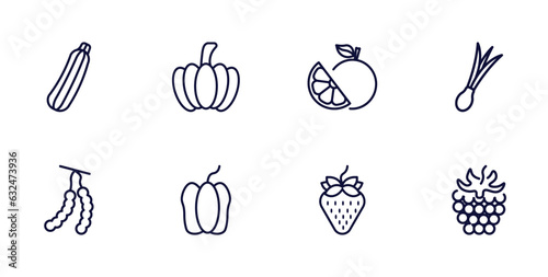 set of vegetables and fruits thin line icons. vegetables and fruits outline icons such as zucchini  pumpkin  spring onion  tamarind  bell pepper  strawberry  blackberry vector.