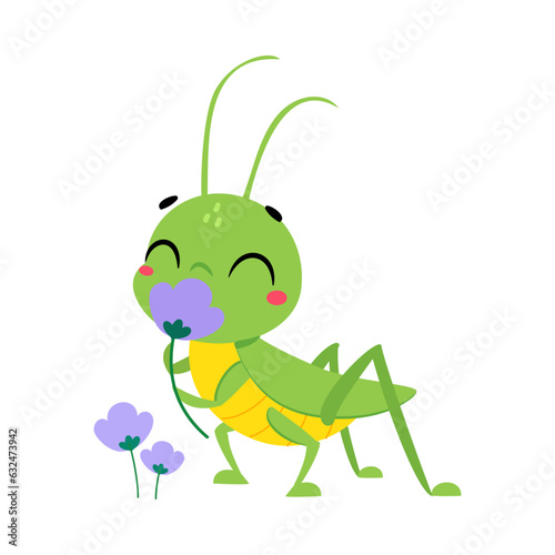 Cute Green Grasshopper Character Smell Flower Vector Illustration