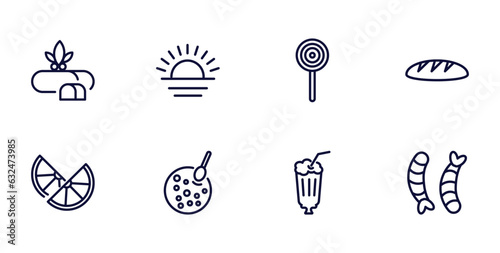 set of food thin line icons. food outline icons such as marzipan, morning, french bread, lemon slice, red bean soup, milk shake, shrimps vector.