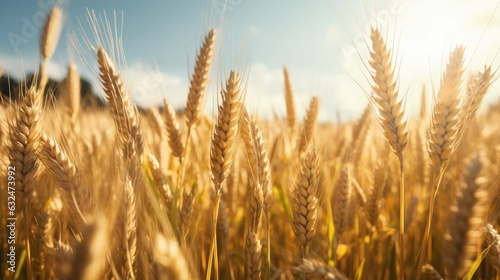 Wheat field with Sunny Light Background  Ears of Wheat on the Field  Agriculture  Harvesting. Generative AI