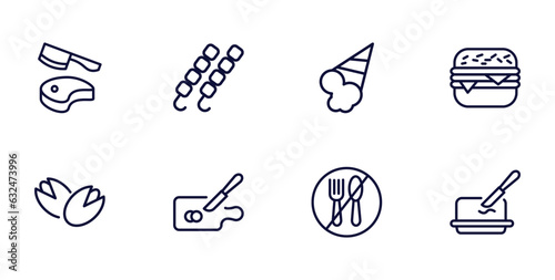 set of food thin line icons. food outline icons such as butcher, kebab, hamburguer, pistachio, chop, no eating, butter vector.