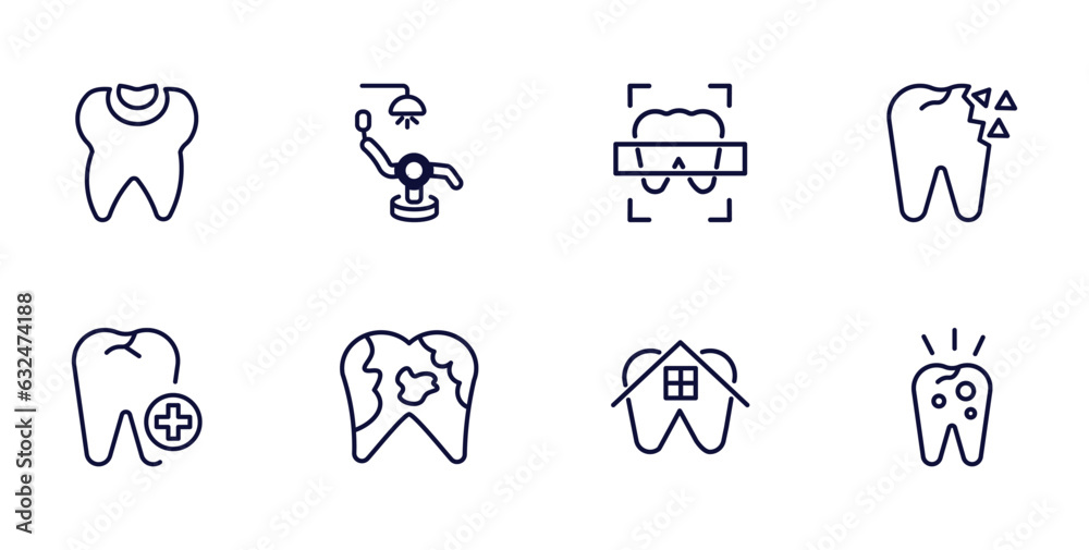 Fototapeta premium set of dental health thin line icons. dental health outline icons such as dental filling, chair, holed tooth, aid, plaque, house, decay vector.