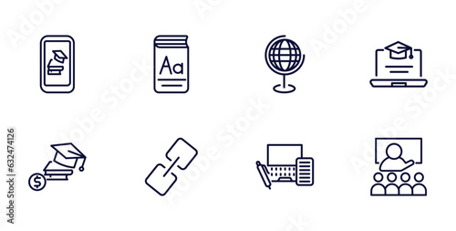 set of distance learning thin line icons. distance learning outline icons such as mobile learning, vocabulary, online course, scholarship, links, blended lesson vector.