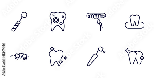 set of dental health thin line icons. dental health outline icons such as mouth mirror, bicuspid, occlusal, malocclusion, shiny tooth, dentists drill tool, healthy tooth vector.