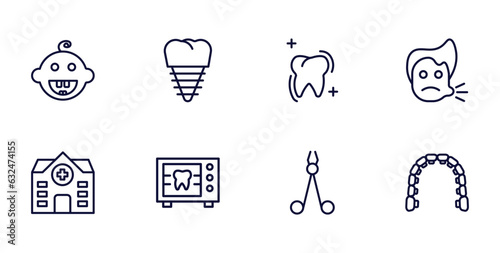 set of dental health thin line icons. dental health outline icons such as baby dental, fake tooth, sick boy, clinic, radiograph, dentist scissors, lingual braces vector.
