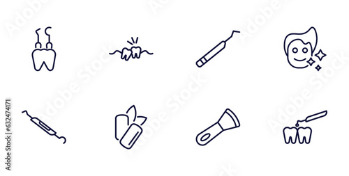 set of dental health thin line icons. dental health outline icons such as dental hook, wisdom tooth, healthy boy, probe, mint gum, scraping, interproximal vector.