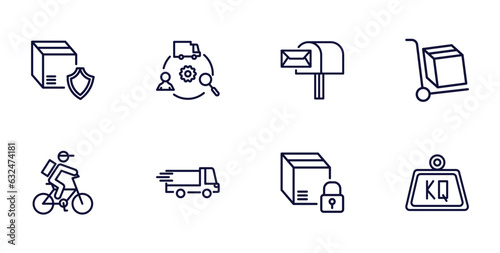 set of delivery and logistics thin line icons. delivery and logistics outline icons such as delivery shield, supply chain, freight, by bike, shipping, safety, weight vector.