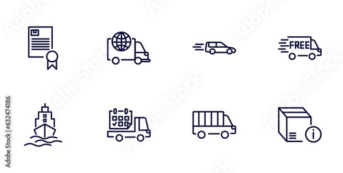 set of delivery and logistics thin line icons. delivery and logistics outline icons such as charter, logistic, free delivery, ship by sea, date, cargo bus, info vector.