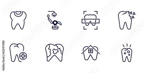 set of dental health thin line icons. dental health outline icons such as dental filling, chair, holed tooth, aid, plaque, house, decay vector.
