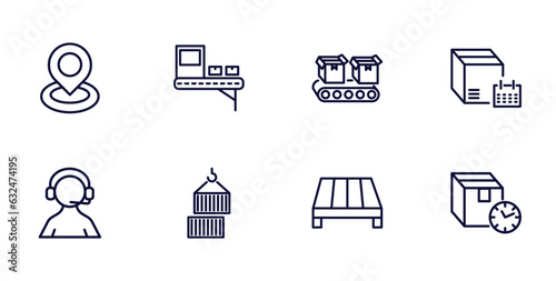 set of delivery and logistics thin line icons. delivery and logistics outline icons such as tracking, delivery x ray, schedule, support, containers, pallet, delay vector.