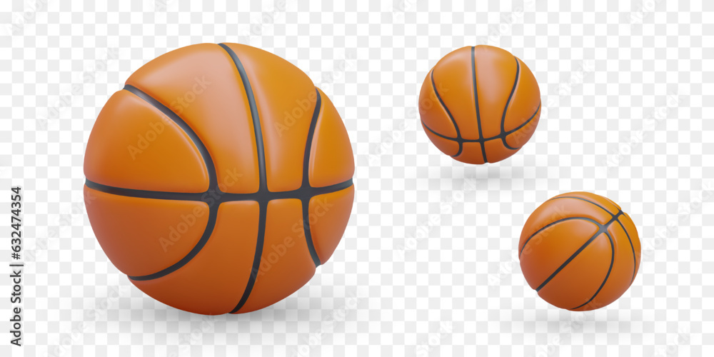 Set of realistic basketballs. Orange ball for team game. Round sports accessory. Isolated vector image. Color icons for modern application, game, website Set of realistic basketballs. Orange ball for team game. Round sports accessory. Isolated vector image. Color icons for modern application, game, website