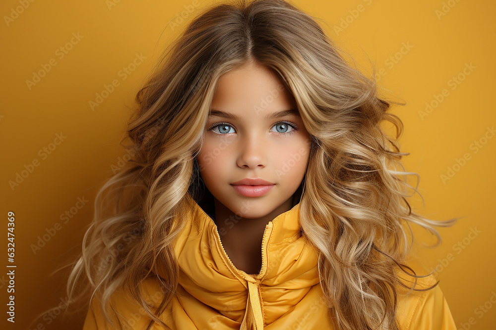 Generative ai studio portrait of cute curly little teen blonde girl on colour background. teenager Generative ai studio portrait of cute curly little teen blonde girl on colour background. teenager