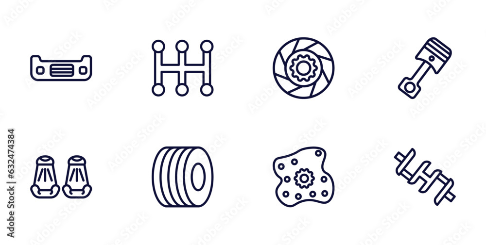 set of car parts thin line icons. car parts outline icons such as car bumper, transmission, connecting rod, cowl, trim, oil pump, crankshaft vector. set of car parts thin line icons. car parts outline icons such as car bumper, transmission, connecting rod, cowl, trim, oil pump, crankshaft vector.