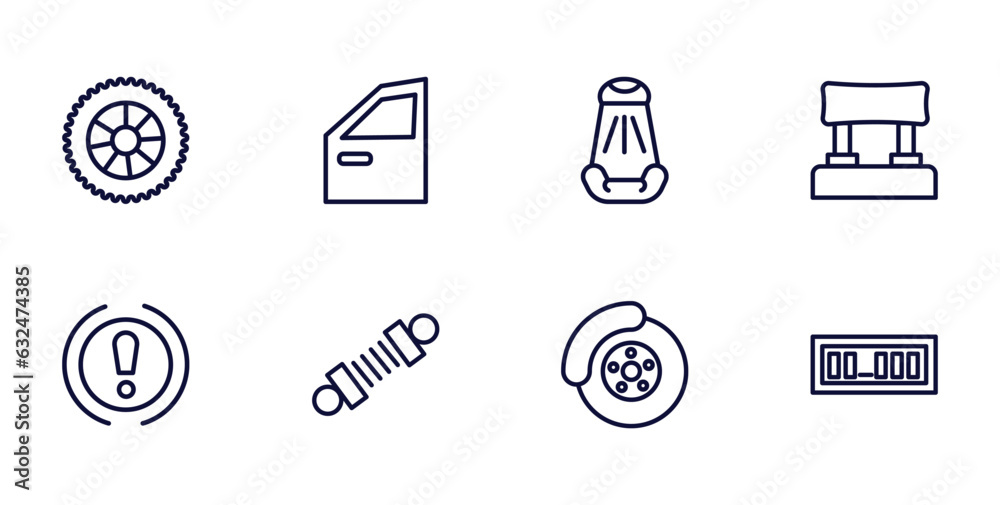 set of car parts thin line icons. car parts outline icons such as car spare wheel, door, headrest, brake light, suspension, brake, numberplate vector.