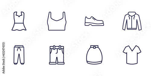set of clothes and outfit thin line icons. clothes and outfit outline icons such as peplum top, draped top, hooded jacket, sweatpants, chino shorts, circle skirt, v neck shirt vector.