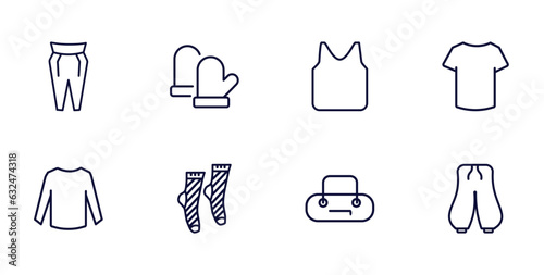 set of clothes and outfit thin line icons. clothes and outfit outline icons such as pegged pants, wool gloves, cotton polo shirt, long sleeves t shirt, men socks, barrel handbag, harem pants vector.