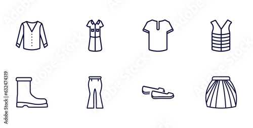 set of clothes and outfit thin line icons. clothes and outfit outline icons such as cotton cardigan, lyocell shirt dress, padded vest, wool boots, flare pants, loafer, tulle skirt vector.
